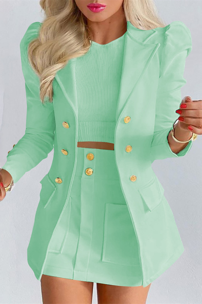 Green Fashion Casual Solid Cardigan Turndown Collar Long Sleeve Two Pieces-CuChic