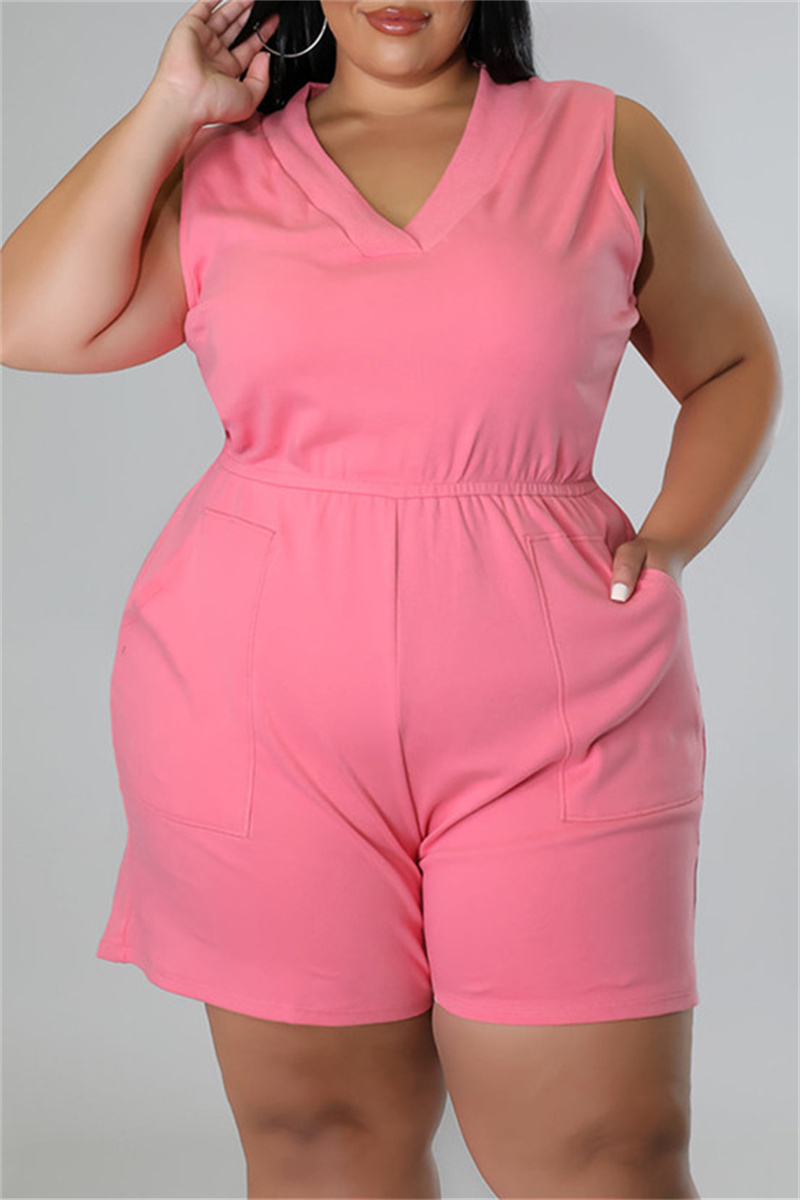 Pink Fashion Casual Solid Split Joint V Neck Plus Size Romper-CuChic