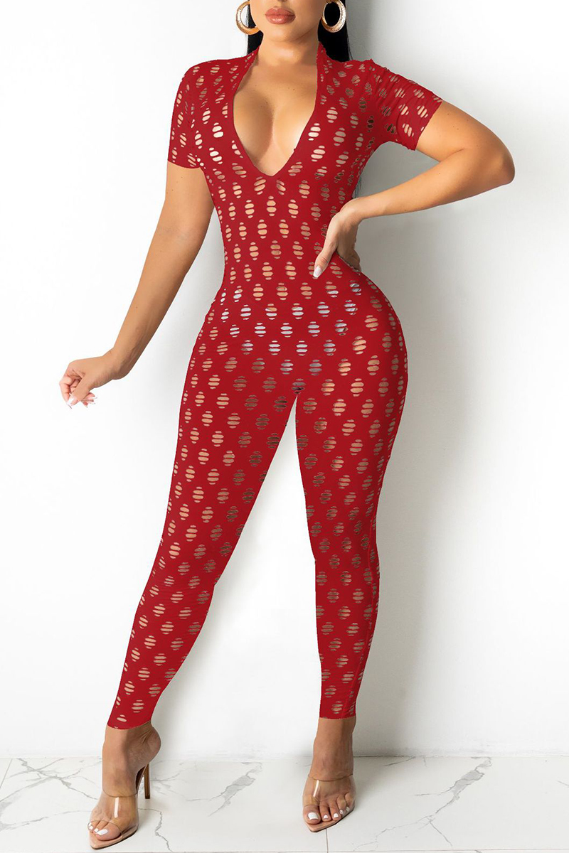 Red Fashion Sexy Solid Ripped Hollowed Out V Neck Skinny Jumpsuits-CuChic