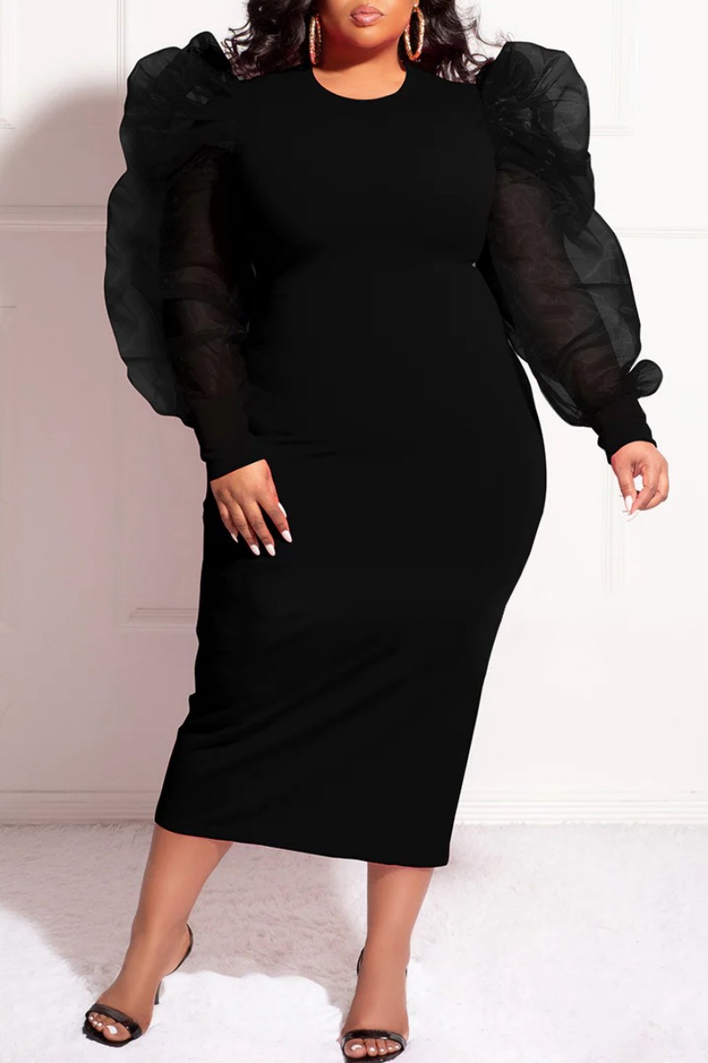 Black Casual Solid Patchwork O Neck Long Sleeve Plus Size Dresses-CuChic