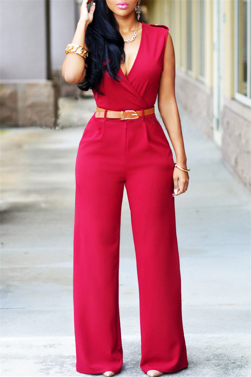 Red Fashion Casual Solid Patchwork With Belt V Neck Regular Jumpsuits-CuChic
