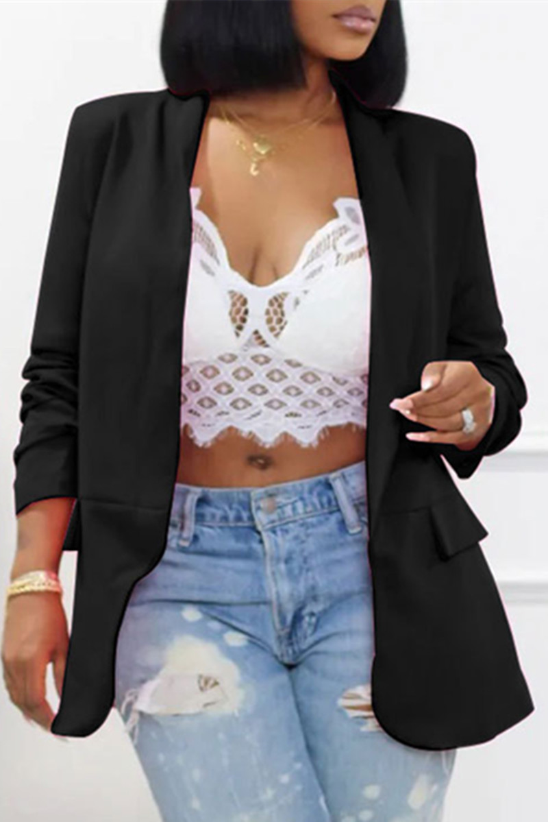 Black Fashion Casual Solid Patchwork Cardigan Turn-back Collar Outerwear-CuChic