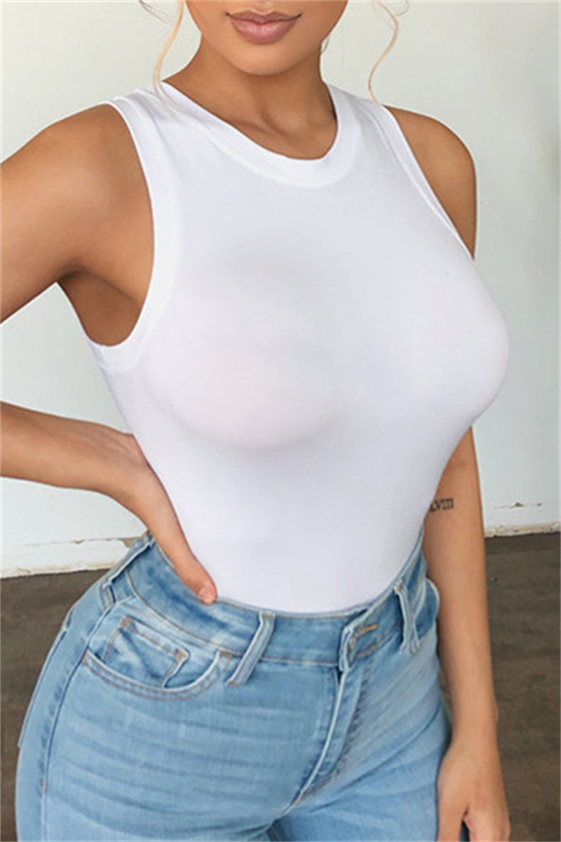 White Casual Solid Basic O Neck Tops-CuChic