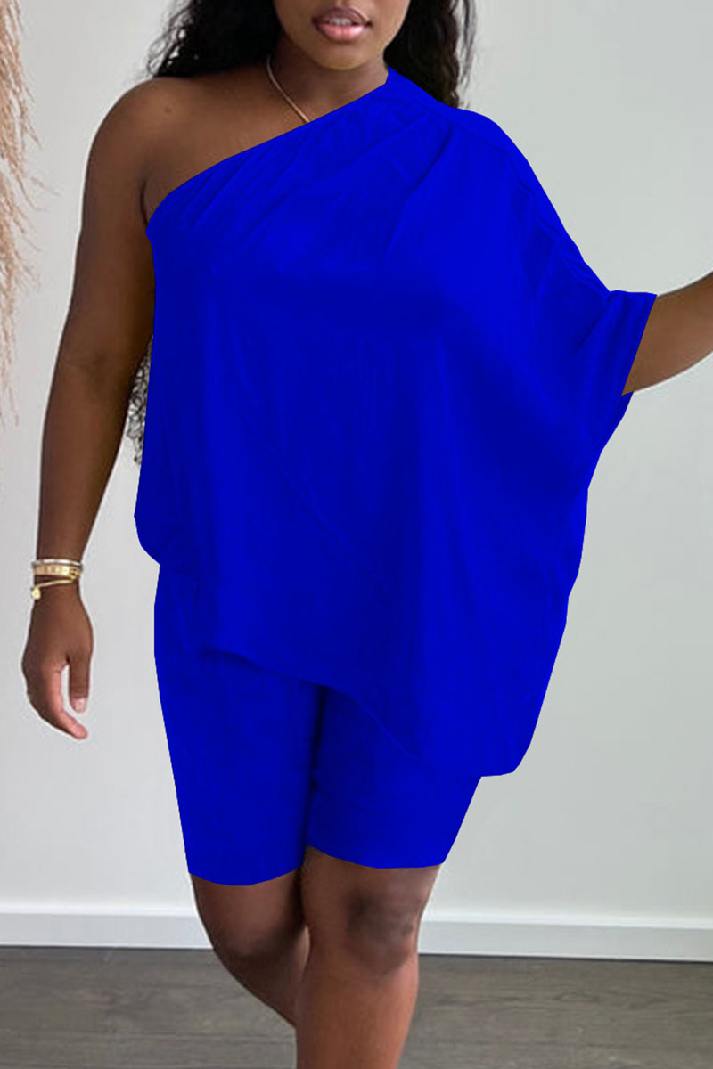Royal Blue Sexy Casual Patchwork Backless One Shoulder Sleeveless Two Pieces-CuChic