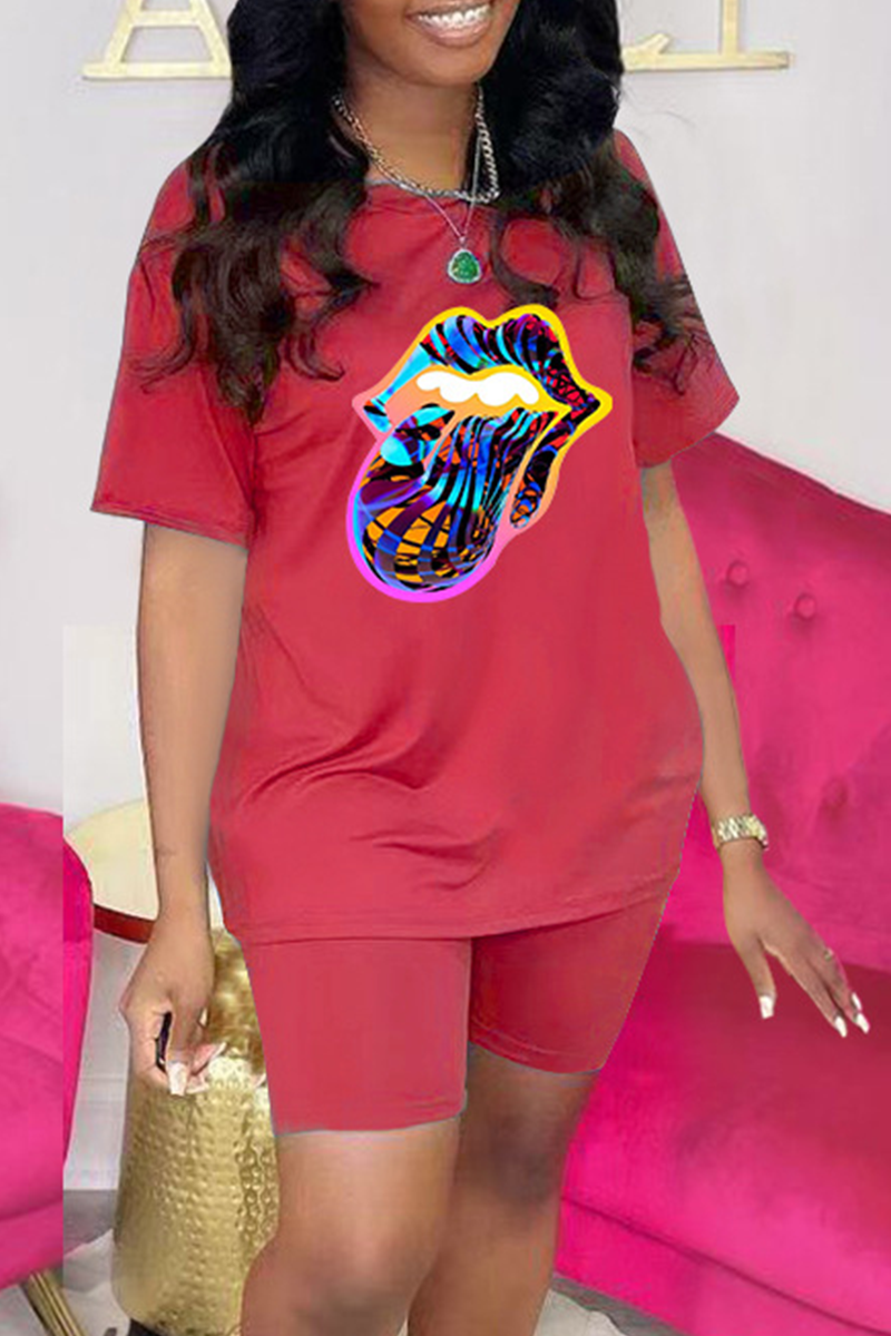 Red Fashion Lips Printed Patchwork O Neck Short Sleeve Two Pieces-CuChic