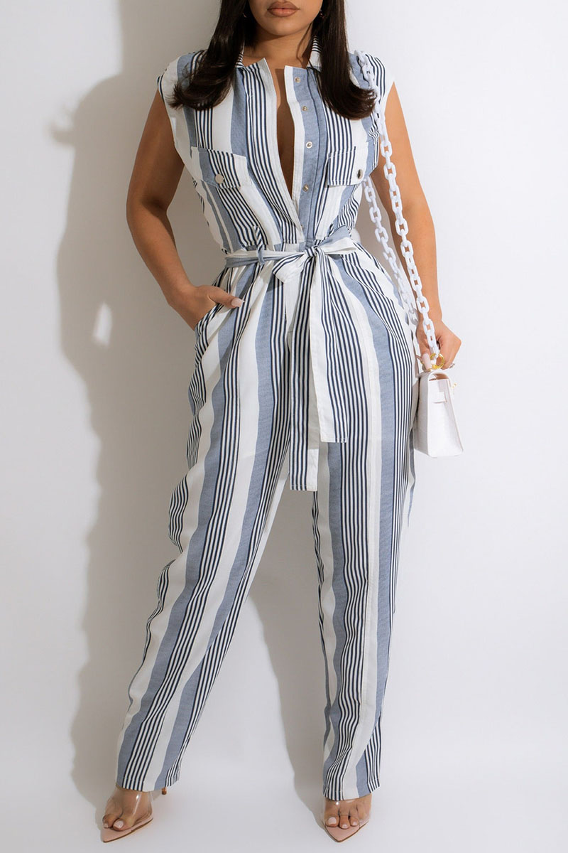 Blue Casual Striped Print Split Joint Buckle With Belt Straight Jumpsuits-CuChic