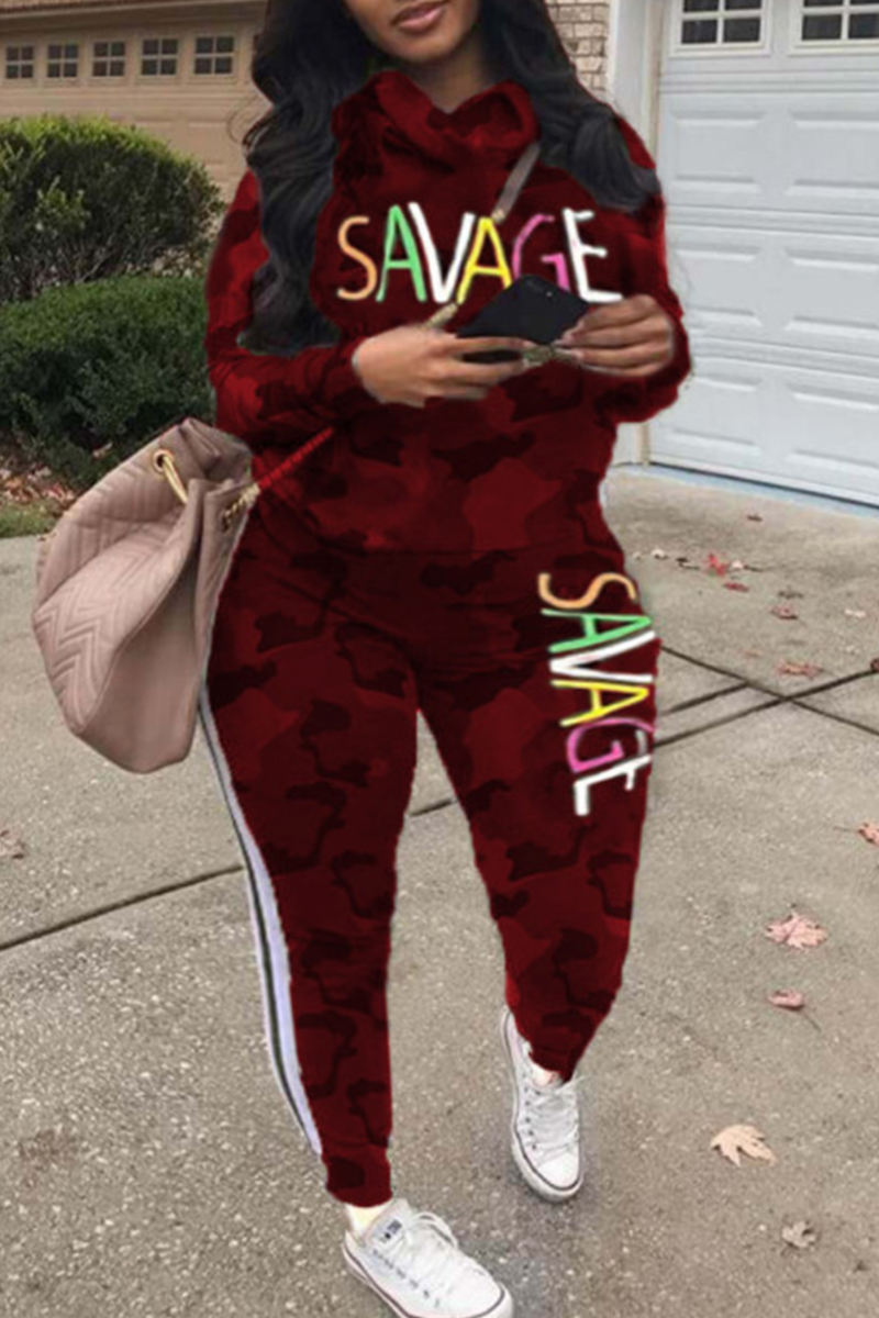 Burgundy Fashion Casual Letter Camouflage Print Basic Hooded Collar Plus Size Two Pieces-CuChic
