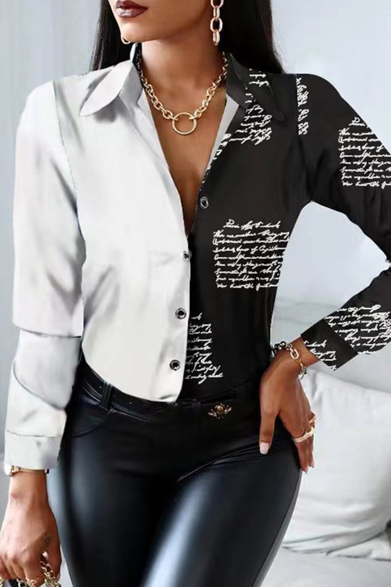 White Black Fashion Casual Print Patchwork Turndown Collar Tops-CuChic