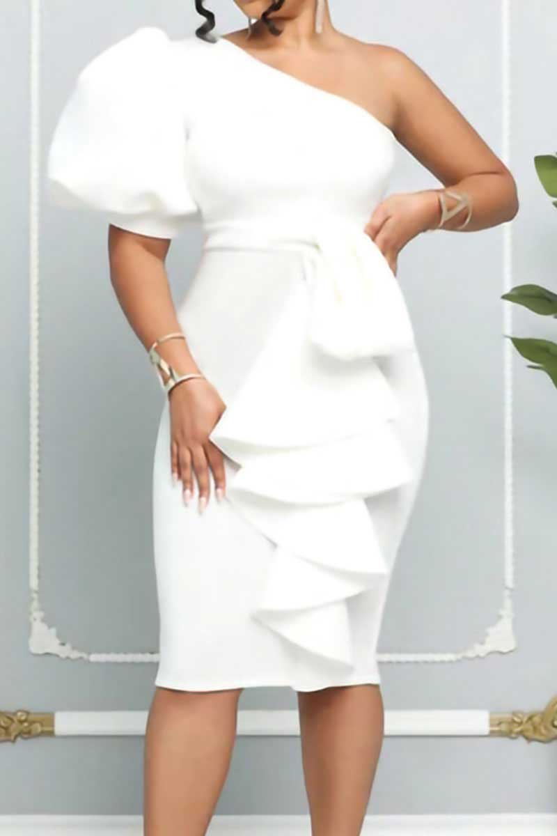 White Celebrities Solid Patchwork Flounce Oblique Collar Dresses-CuChic