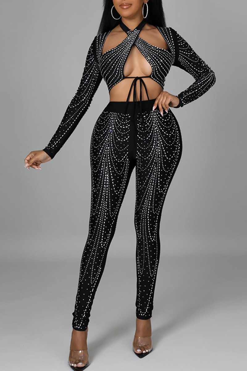 Black Sexy Solid Hot Drill Halter Long Sleeve Two Pieces-CuChic