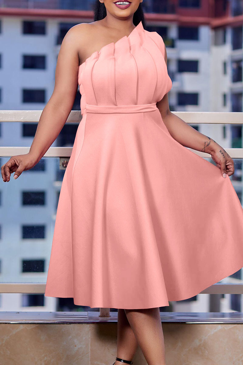 Pink Elegant Solid Patchwork Fold Oblique Collar Evening Dress Dresses-CuChic
