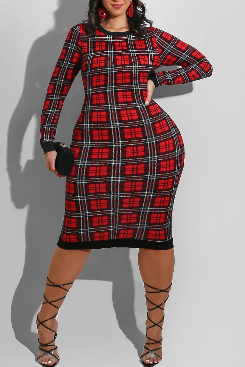 Red Fashion Casual Plaid Print Split Joint Backless O Neck Long Sleeve Plus Size Dresses-CuChic