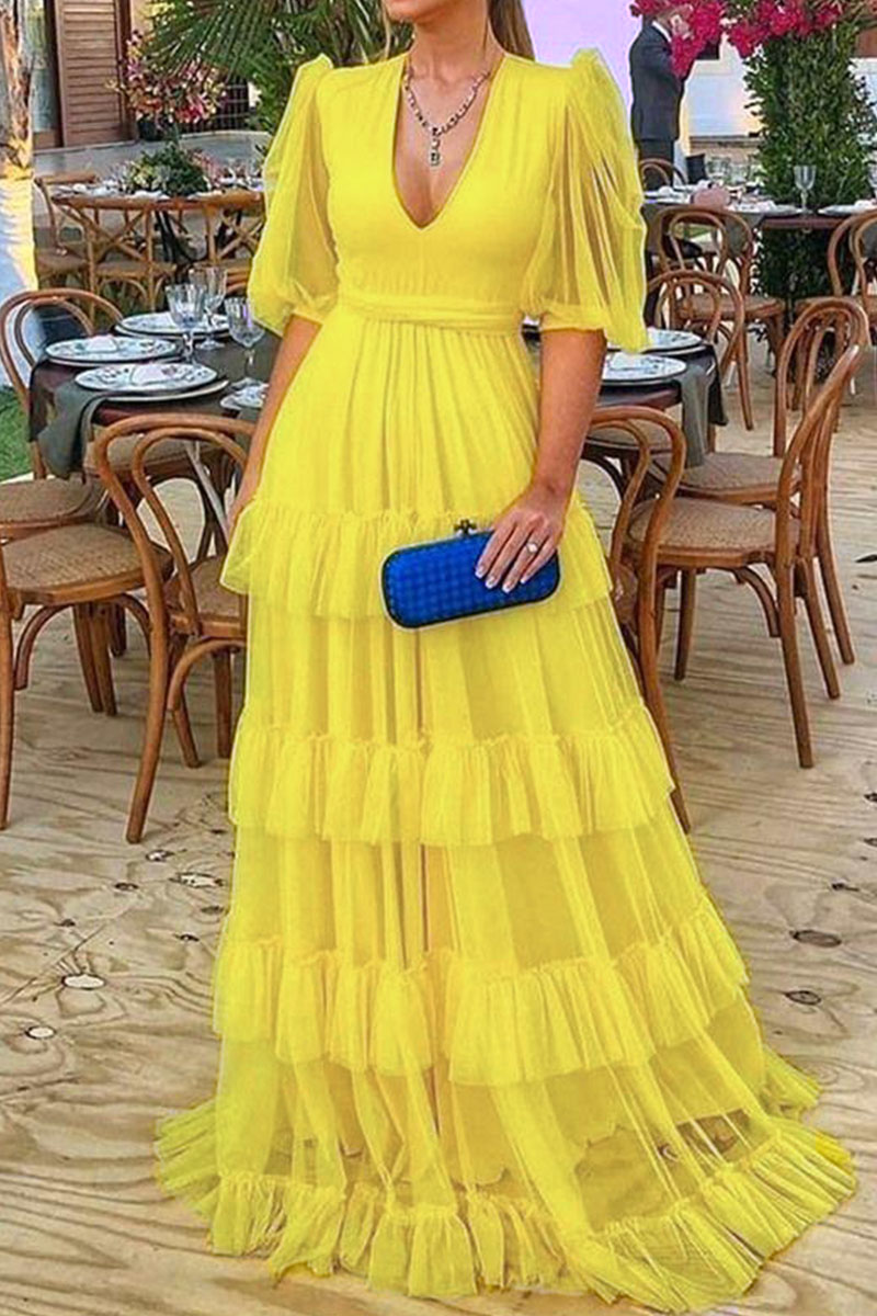 Yellow Elegant Solid Patchwork V Neck Evening Dress Dresses-CuChic