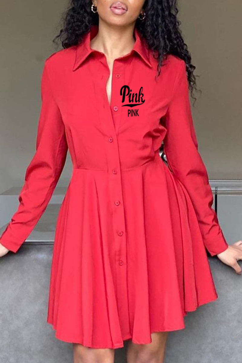 Red Casual Print Patchwork Turndown Collar Shirt Dress Dresses-CuChic