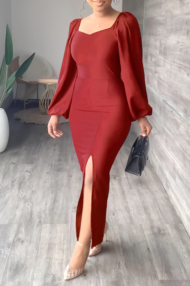 Red Fashion Solid High Opening Square Collar Pencil Skirt Dresses-CuChic