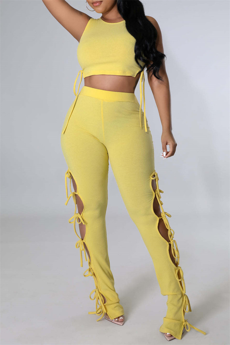 Yellow Fashion Casual Solid Bandage O Neck Sleeveless Two Pieces-CuChic