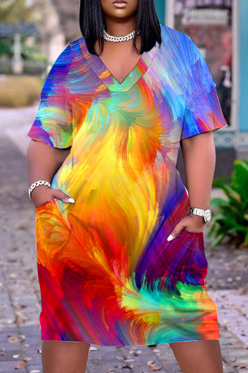 Multicolor Casual Print Patchwork V Neck Short Sleeve Dress-CuChic
