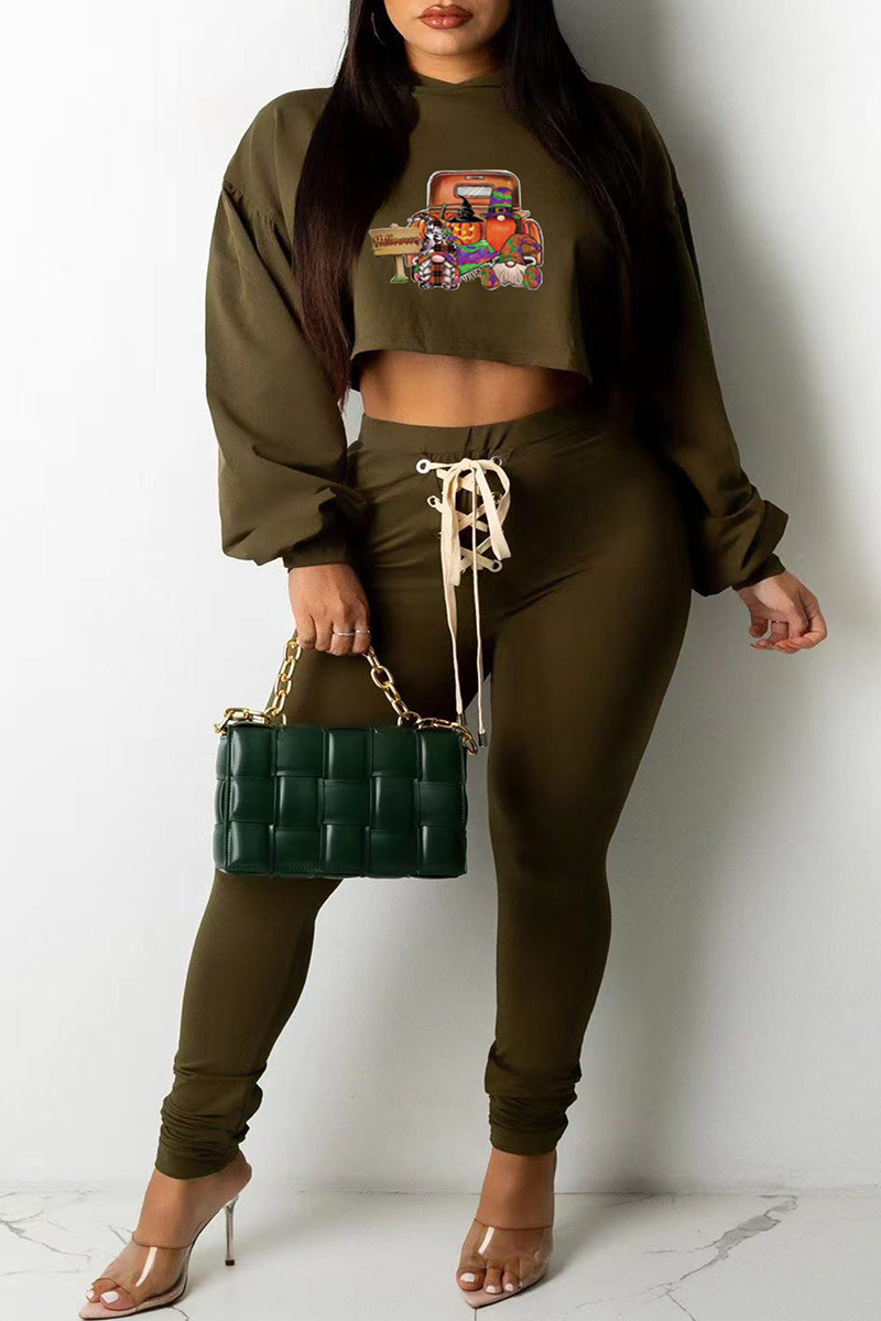 Army Green Fashion Casual Print Basic Hooded Collar Long Sleeve Two Pieces-CuChic