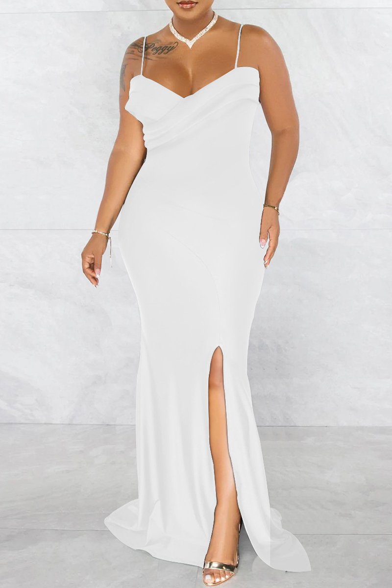 White Fashion Sexy Solid Backless Slit Spaghetti Strap Evening Dress-CuChic