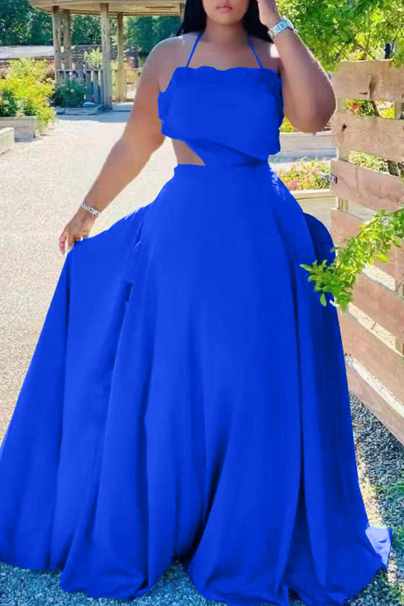 Blue Sexy Solid Patchwork Backless Flounce Halter Long Dress Dresses-CuChic
