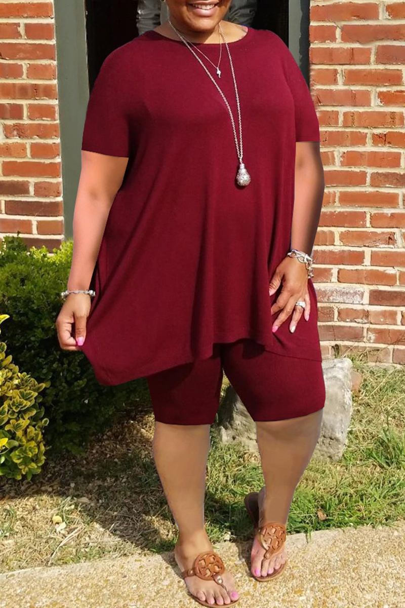 Burgundy Fashion Casual Solid Basic O Neck Plus Size Two Pieces-CuChic