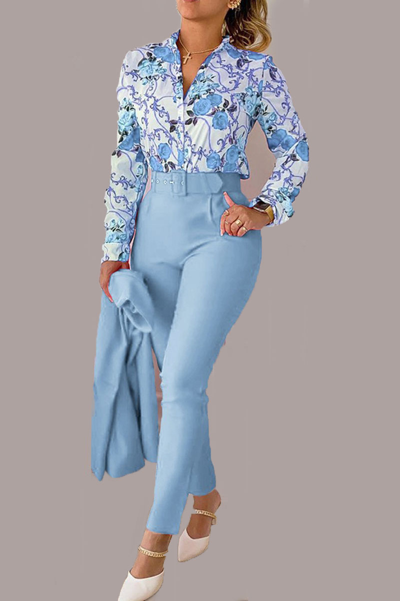 Sky Blue Casual Print Patchwork Buckle With Belt Turndown Collar Long Sleeve Two Pieces(Without Coat)-CuChic