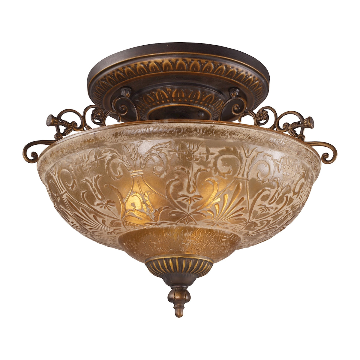 ELK Lighting 08099-AGB Restoration 3-Light Semi Flush in Golden Bronze with Amber Glass