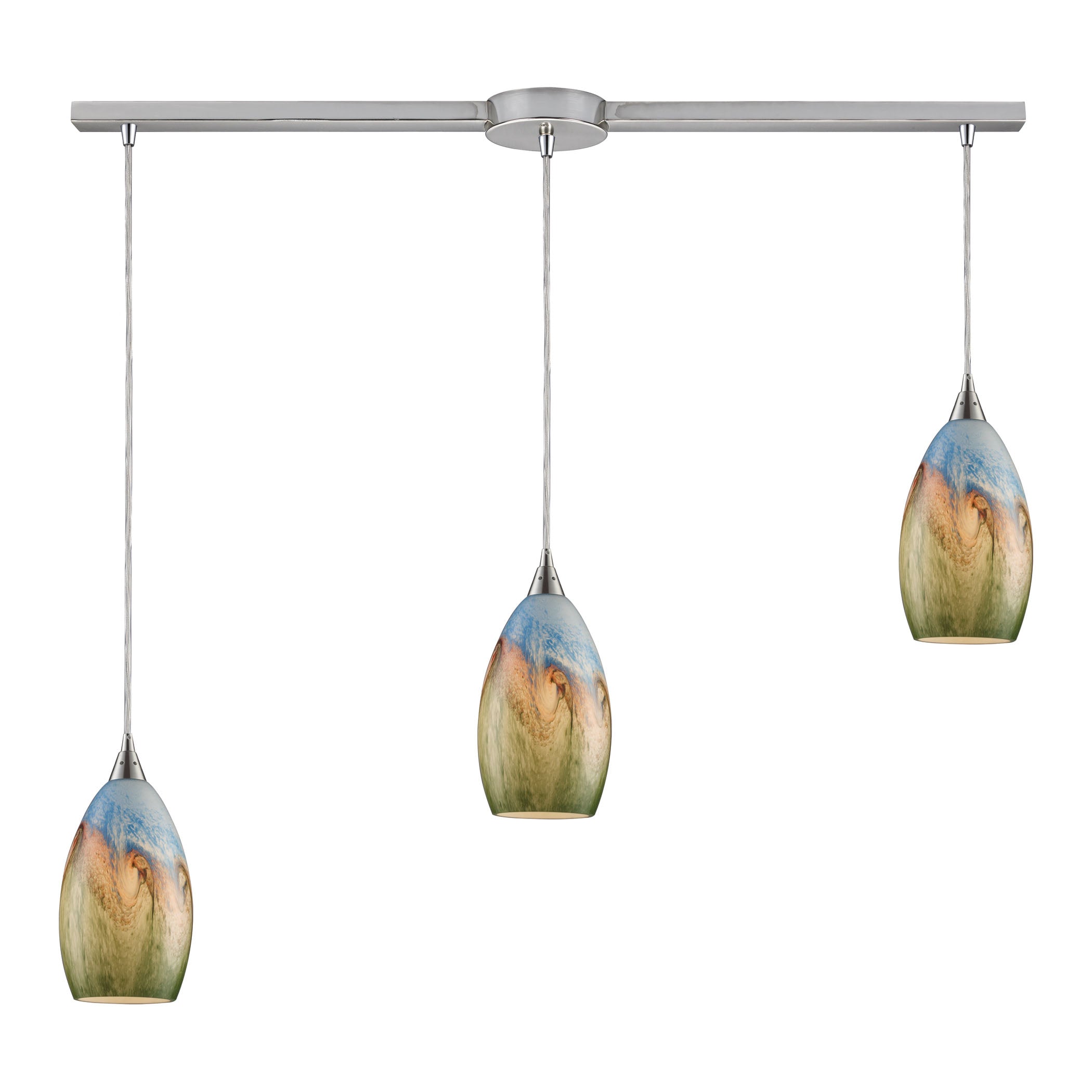 ELK Lighting 10077/3L Geologic 3-Light Linear Pendant Fixture in Satin Nickel with Multi-colored Glass