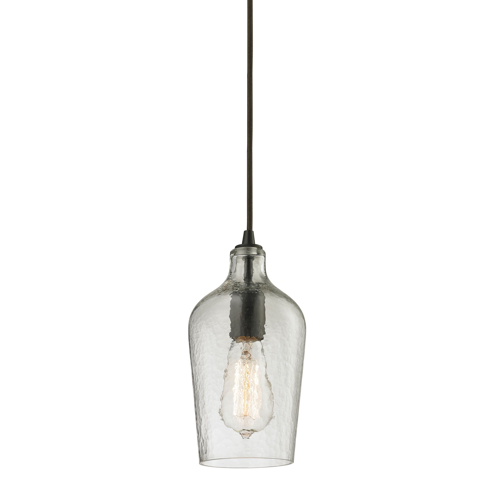 ELK Lighting 10331/1CLR Hammered Glass 1-Light Mini Pendant in Oiled Bronze with Hammered Clear Glass