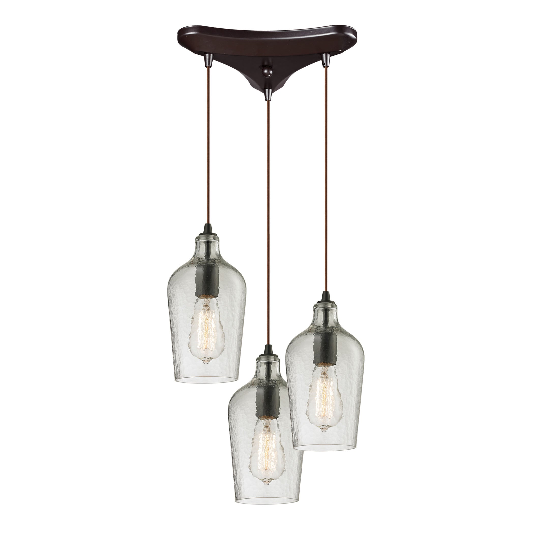 ELK Lighting 10331/3CLR Hammered Glass 3-Light Triangular Pendant Fixture in Oiled Bronze with Hammered Clear Glass