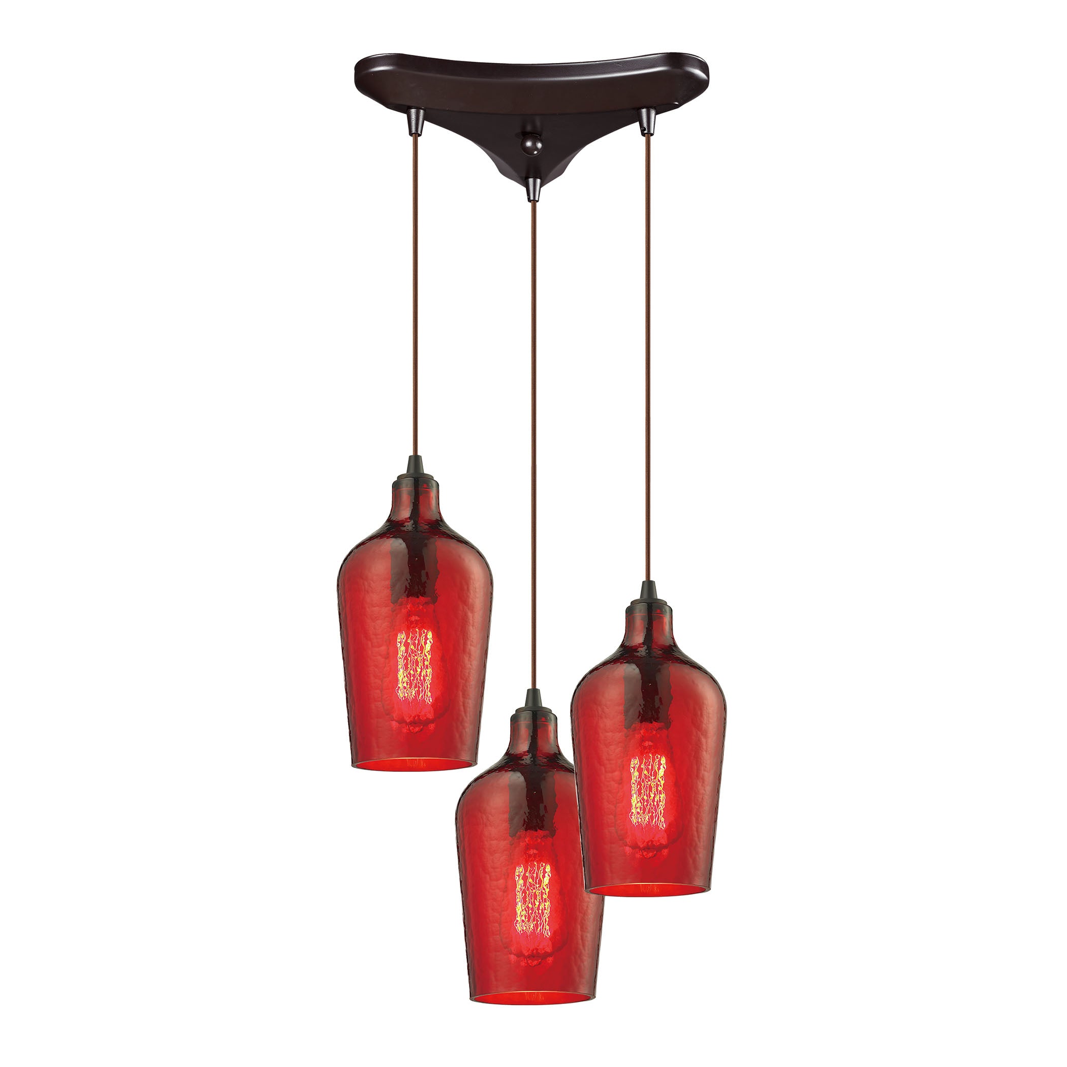 ELK Lighting 10331/3HRD Hammered Glass 3-Light Triangular Pendant Fixture in Oiled Bronze with Hammered Red Glass