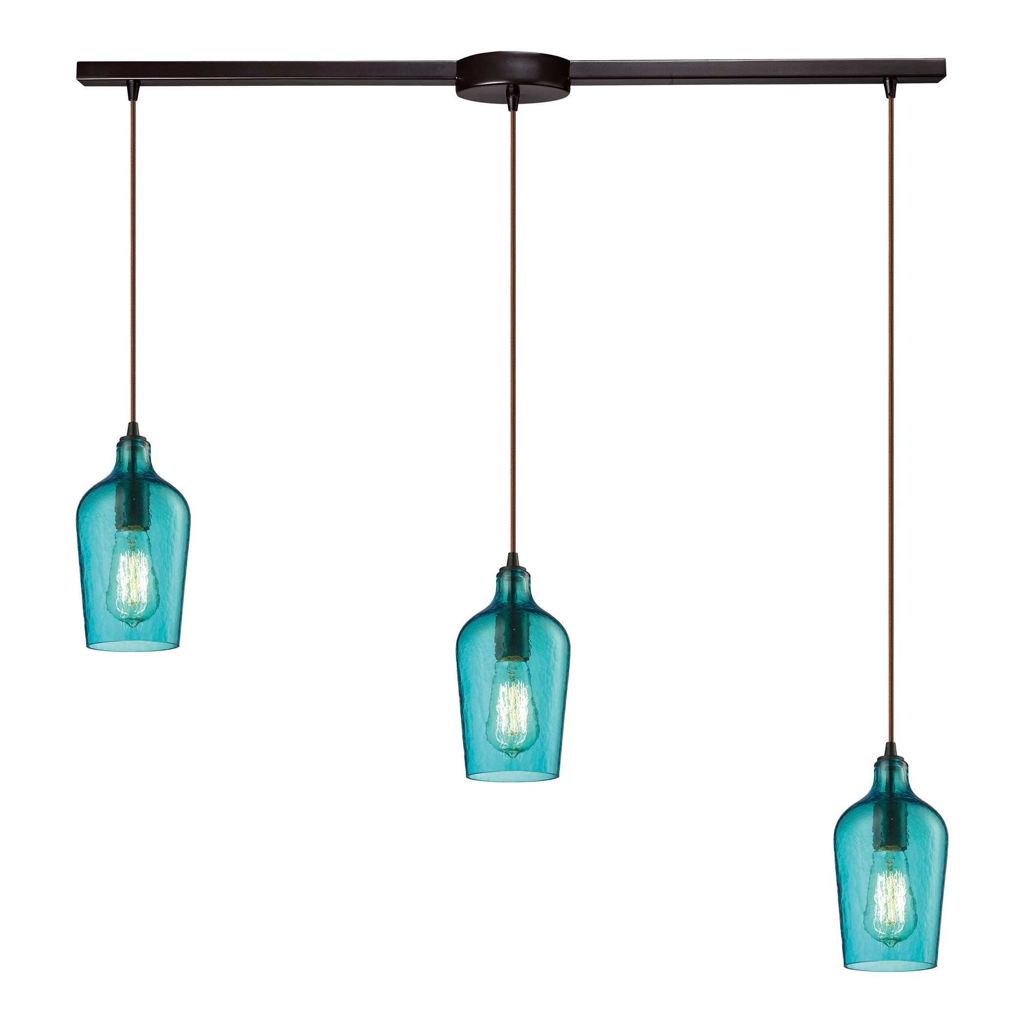 ELK Lighting 10331/3L-HAQ Hammered Glass 3-Light Linear Pendant Fixture in Oiled Bronze with Hammered Aqua Glass