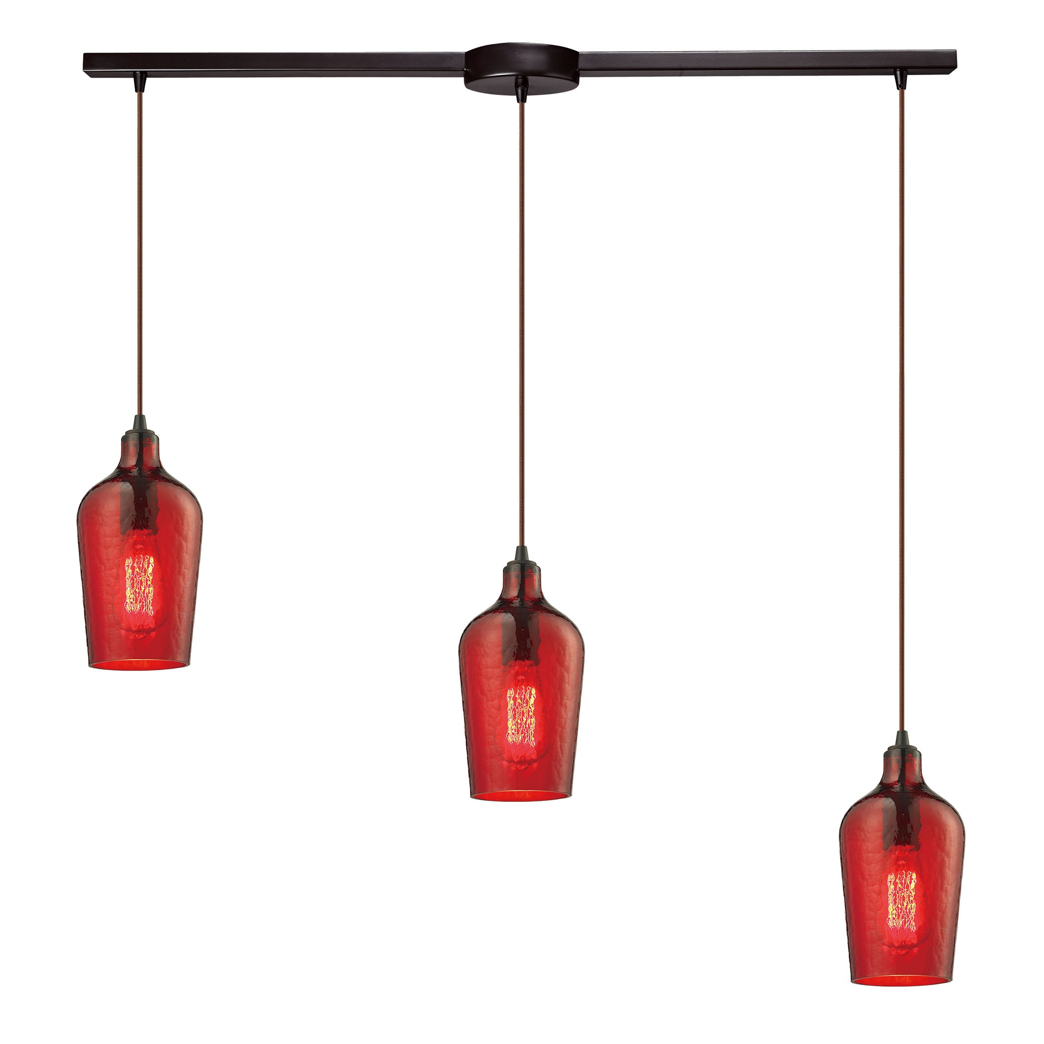 ELK Lighting 10331/3L-HRD Hammered Glass 3-Light Linear Pendant Fixture in Oiled Bronze with Hammered Red Glass