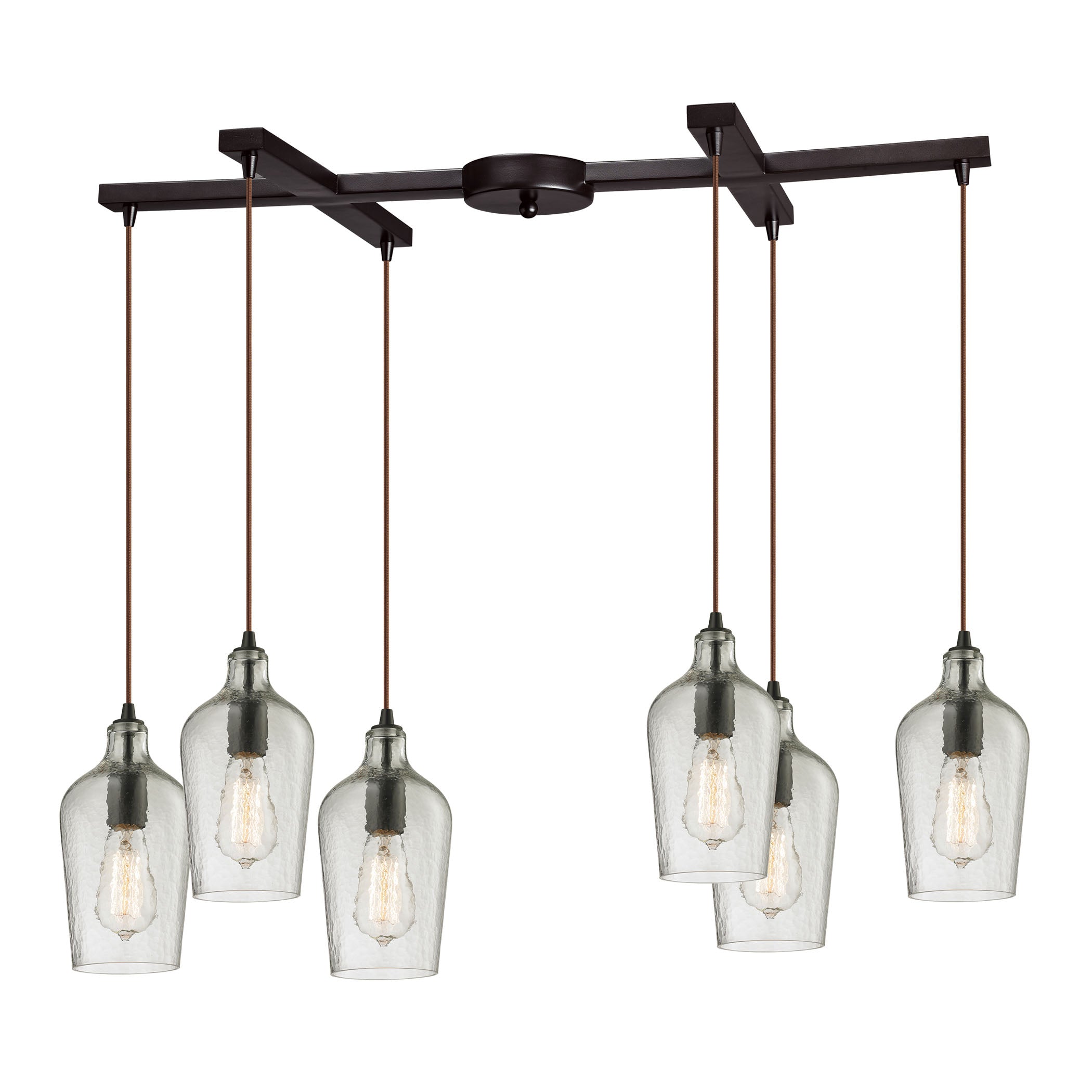 ELK Lighting 10331/6CLR Hammered Glass 6-Light H-Bar Pendant Fixture in Oiled Bronze with Hammered Clear Glass