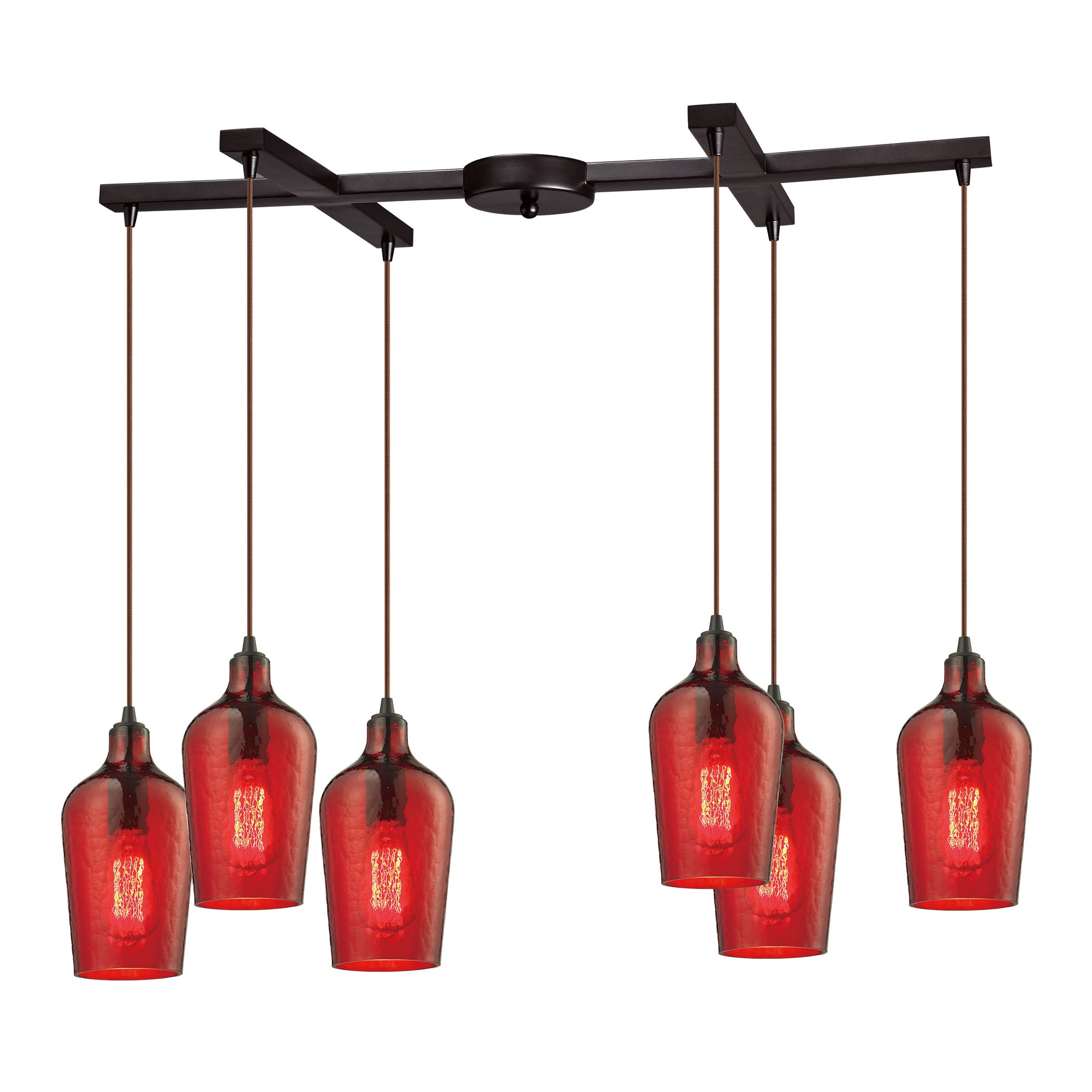 ELK Lighting 10331/6HRD Hammered Glass 6-Light H-Bar Pendant Fixture in Oiled Bronze with Hammered Red Glass