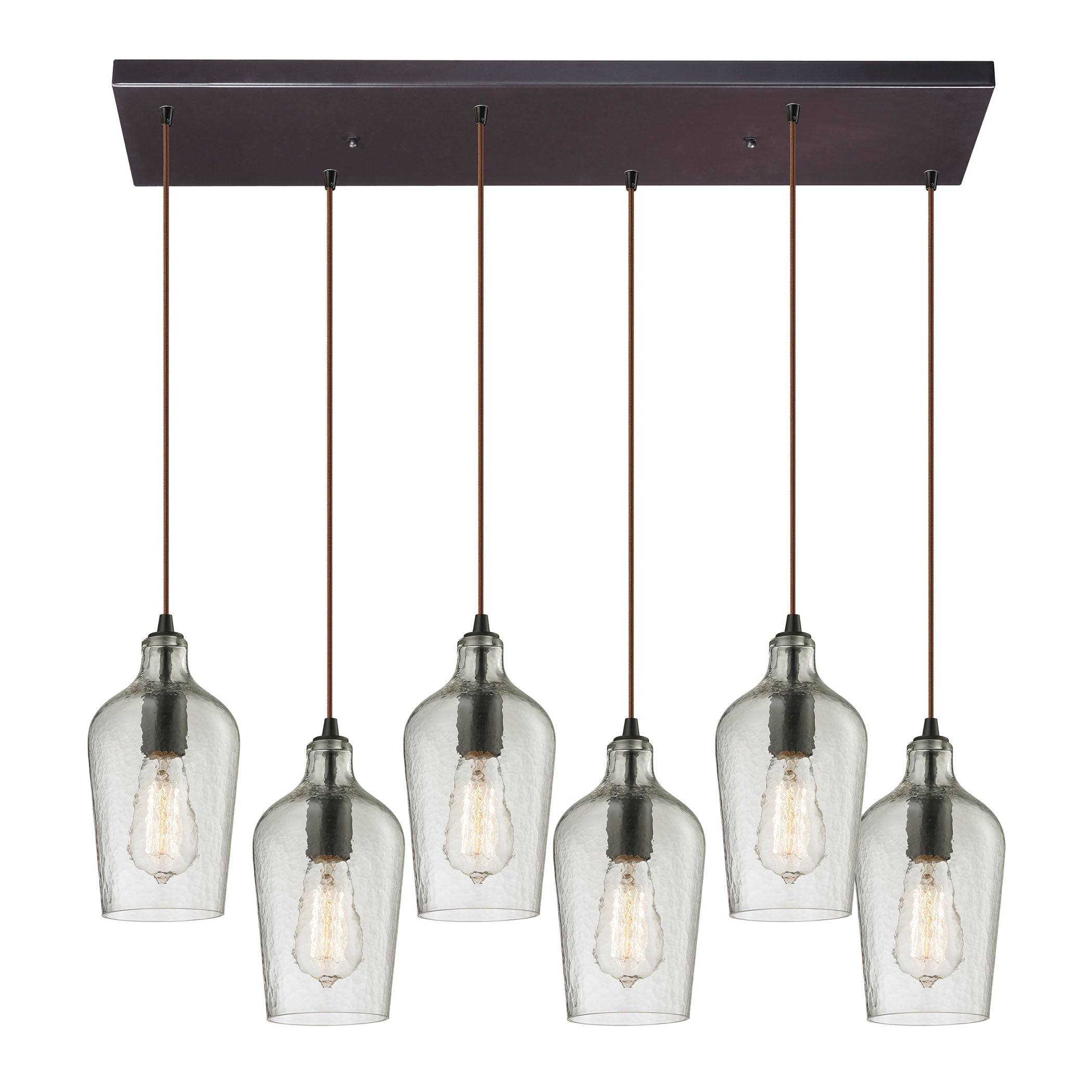 ELK Lighting 10331/6RC-CLR Hammered Glass 6-Light Rectangular Pendant Fixture in Oiled Bronze with Hammered Clear Glass