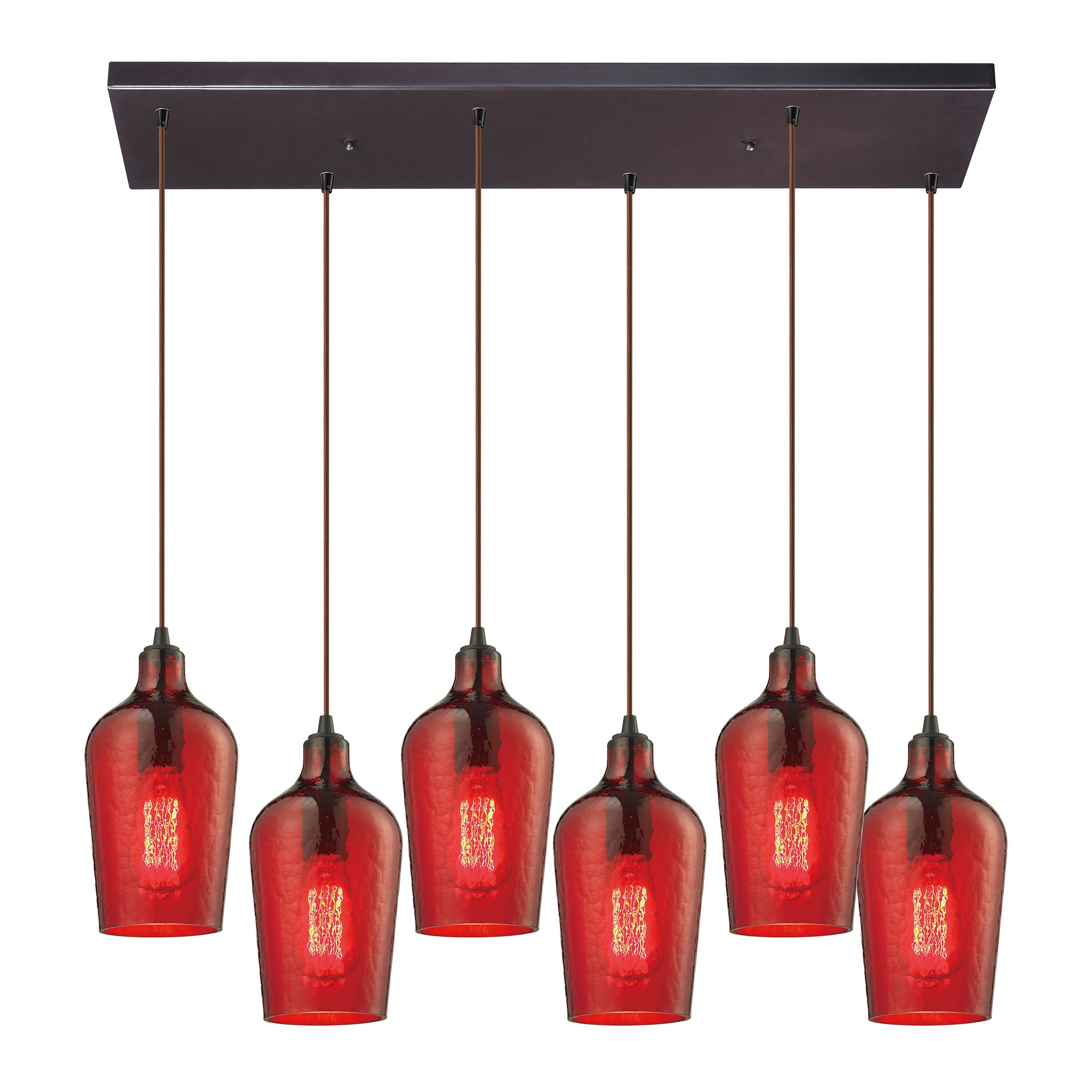 ELK Lighting 10331/6RC-HRD Hammered Glass 6-Light Rectangular Pendant Fixture in Oiled Bronze with Hammered Red Glass