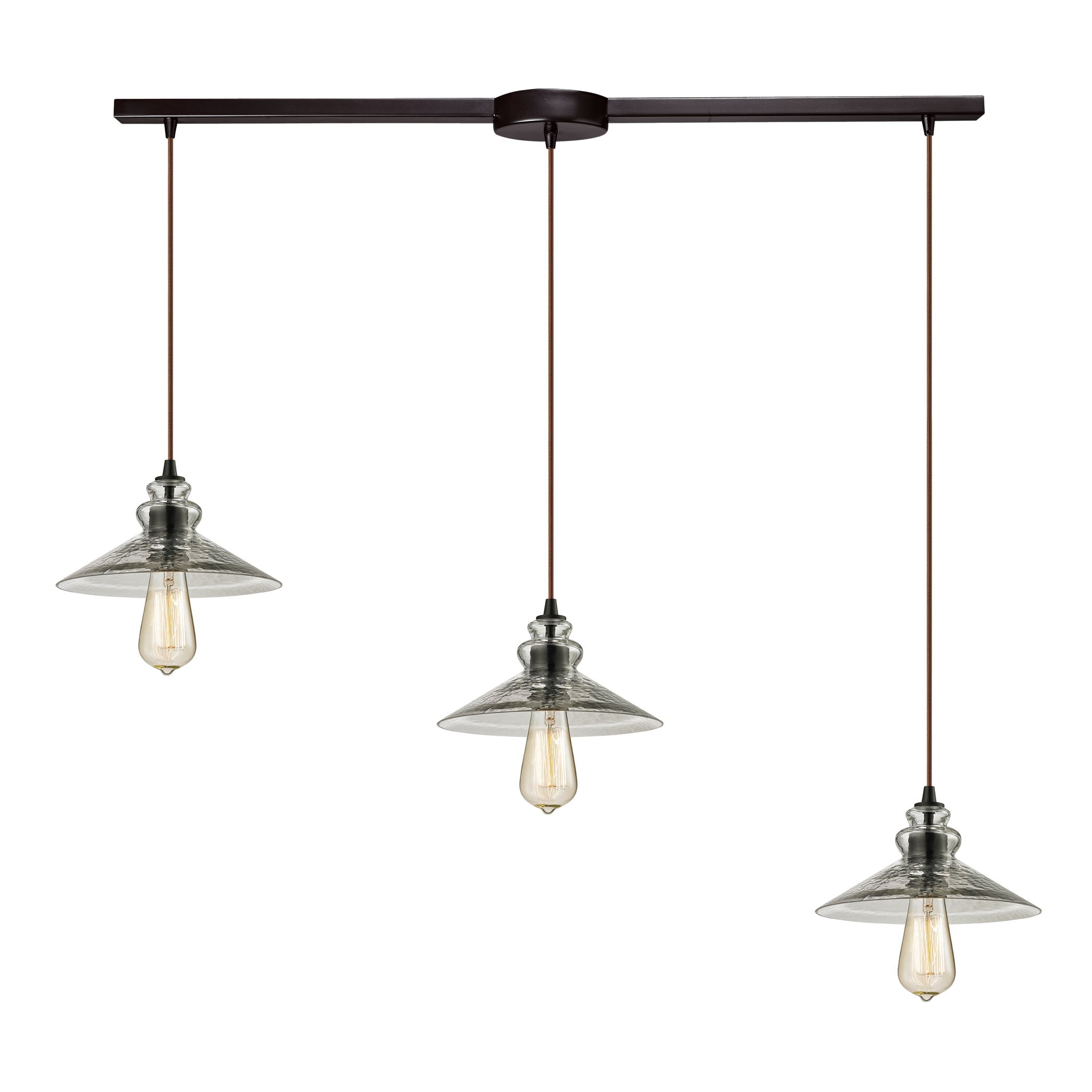 ELK Lighting 10332/3L Hammered Glass 3-Light Linear Pendant Fixture in Oiled Bronze with Hammered Clear Glass