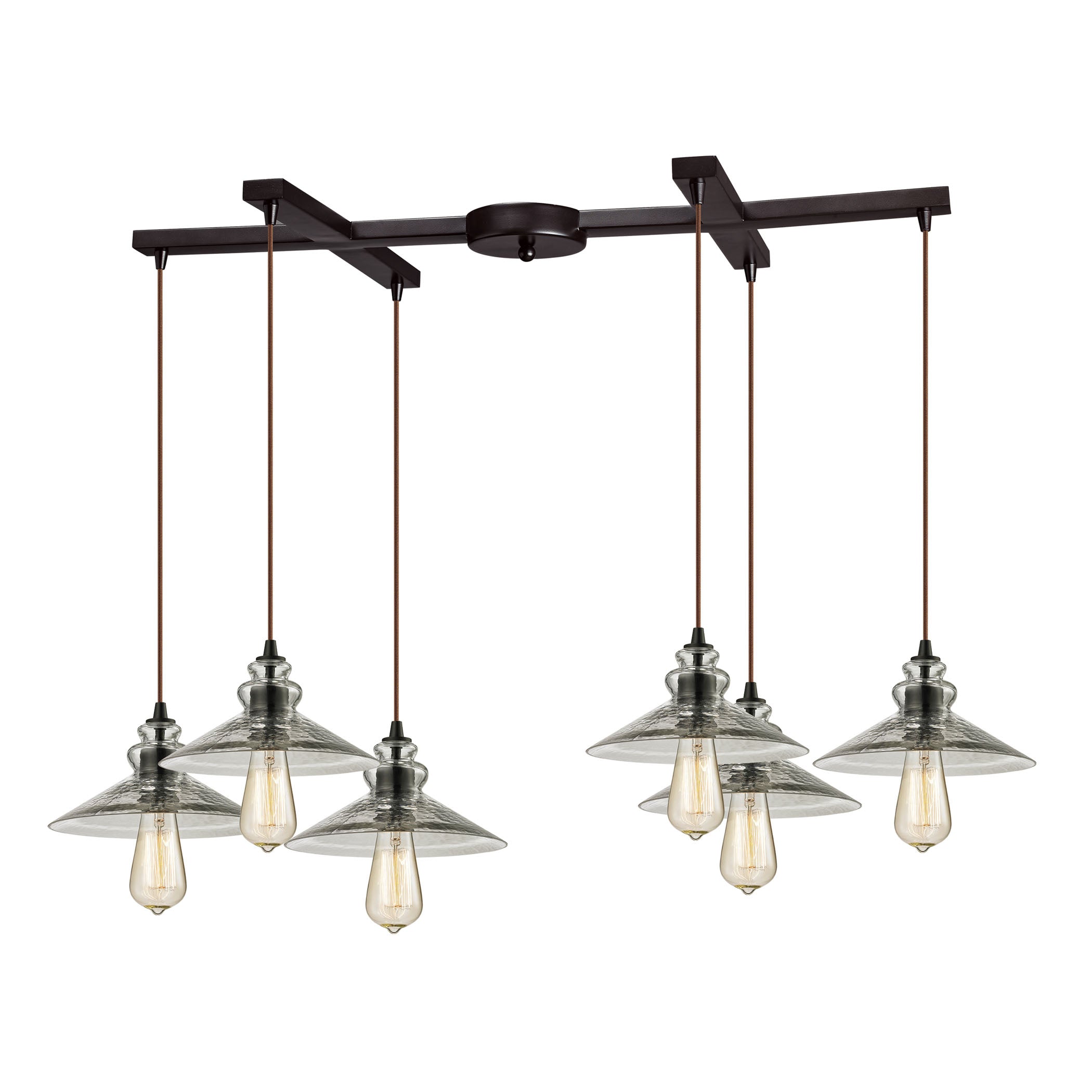 ELK Lighting 10332/6 Hammered Glass 6-Light H-Bar Pendant Fixture in Oiled Bronze with Hammered Clear Glass