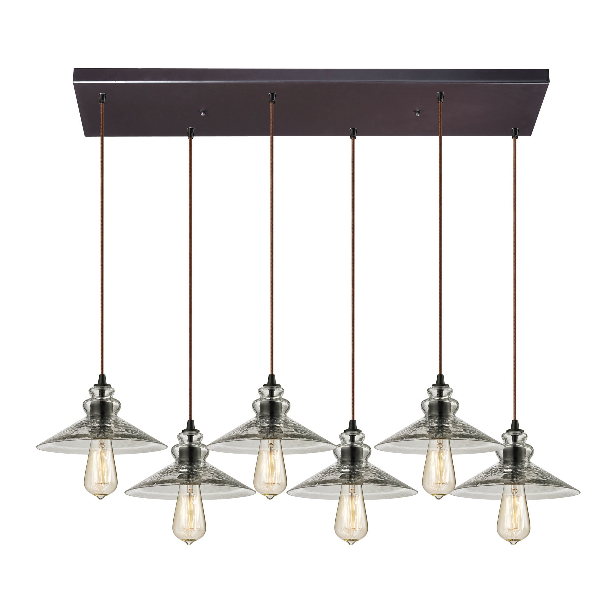 ELK Lighting 10332/6RC Hammered Glass 6-Light Rectangular Pendant Fixture in Oiled Bronze with Hammered Clear Glass