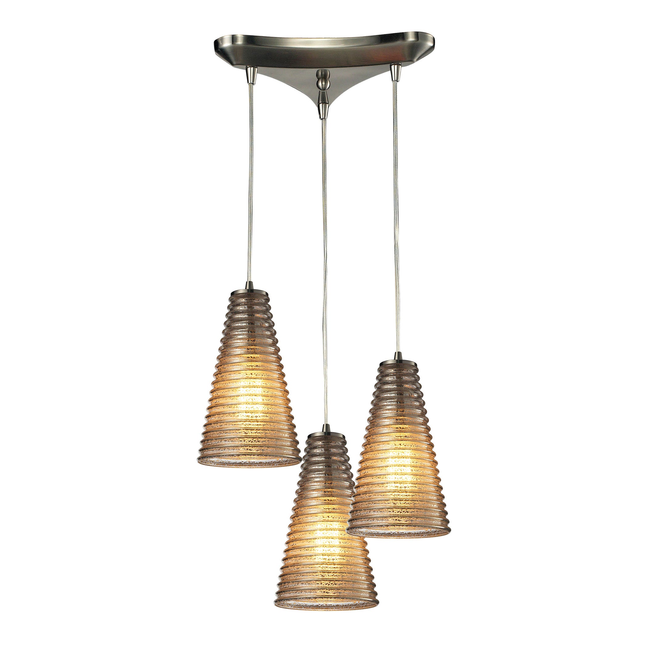 ELK Lighting 10333/3 Ribbed Glass 3-Light Triangular Pendant Fixture in Satin Nickel with Amber Ribbed Glass