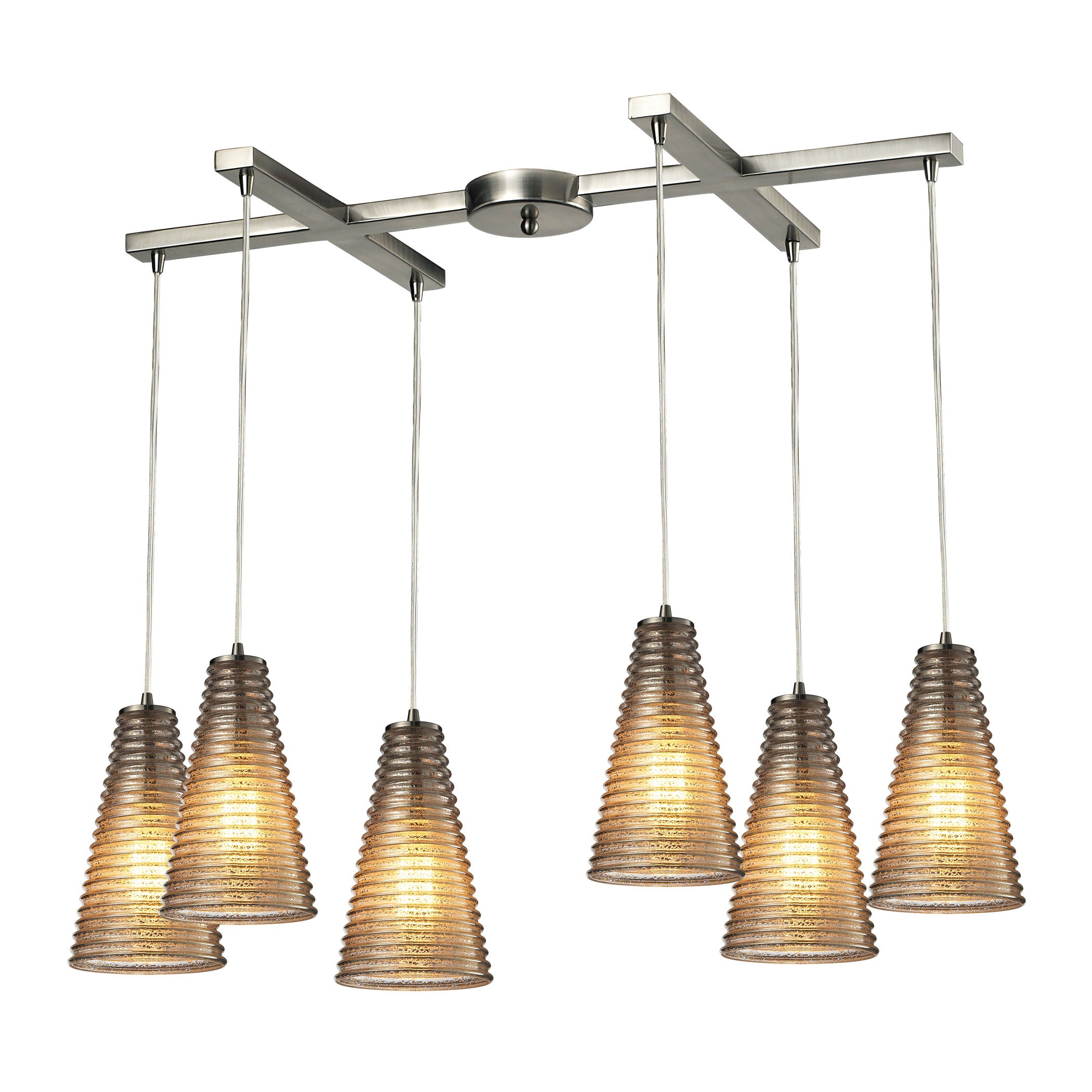 ELK Lighting 10333/6 Ribbed Glass 6-Light H-Bar Pendant Fixture in Satin Nickel with Amber Ribbed Glass