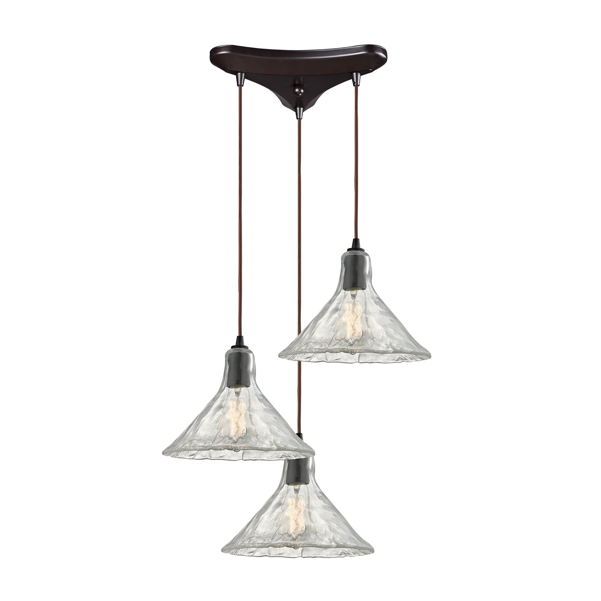 ELK Lighting 10435/3 Hand Formed Glass 3-Light Triangular Pendant Fixture in Oiled Bronze with Clear Hand-formed Glass