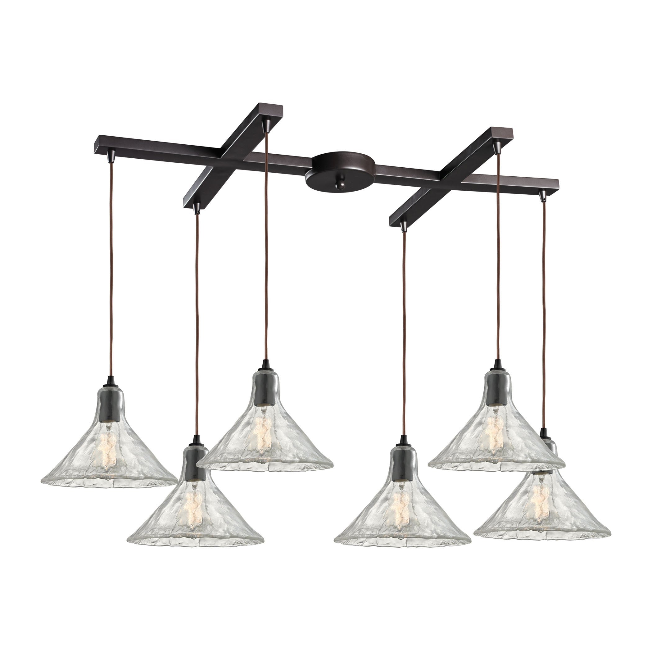 ELK Lighting 10435/6 Hand Formed Glass 6-Light H-Bar Pendant Fixture in Oiled Bronze with Clear Hand-formed Glass