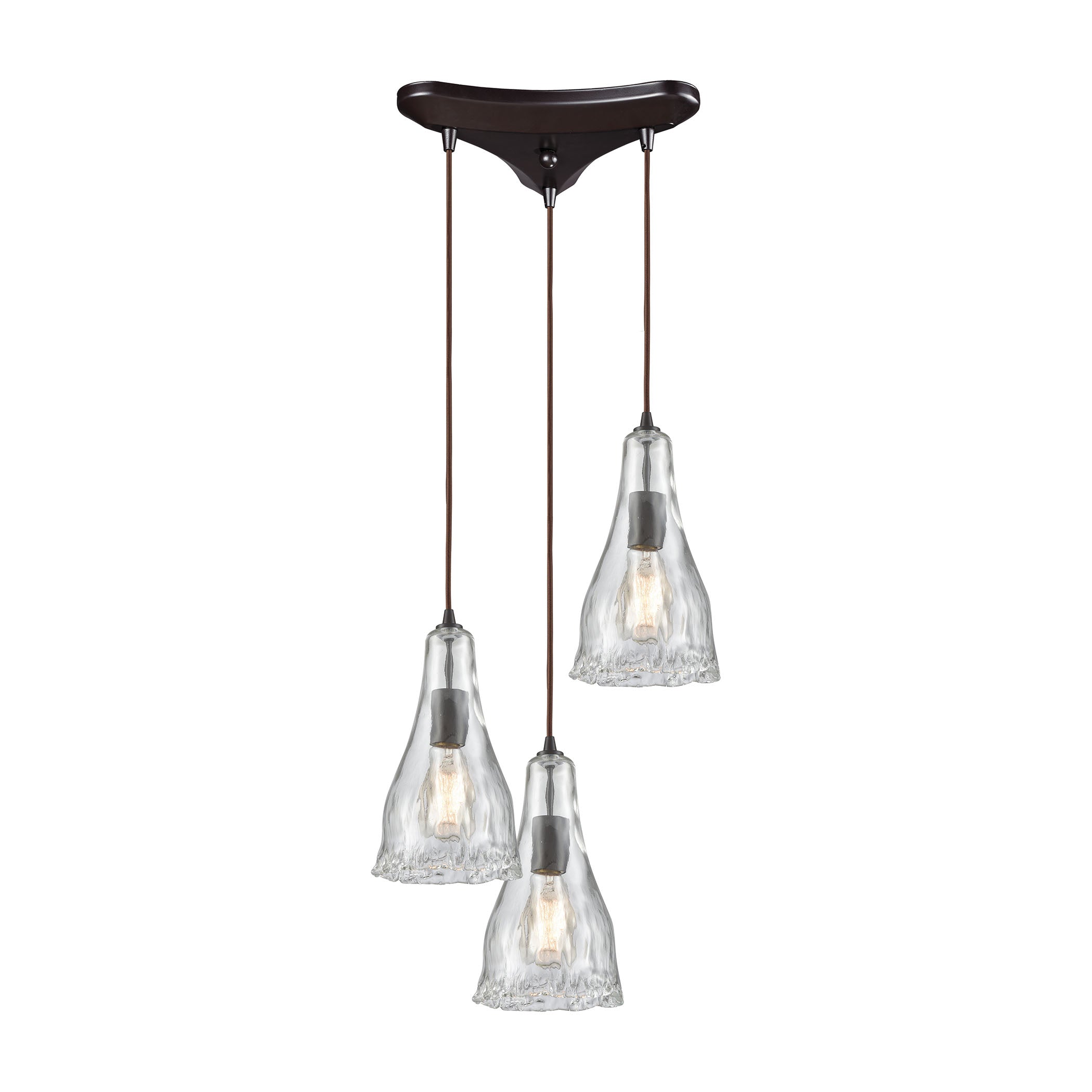ELK Lighting 10446/3 Hand Formed Glass 3-Light Triangular Pendant Fixture in Oiled Bronze with Clear Hand-formed Glass