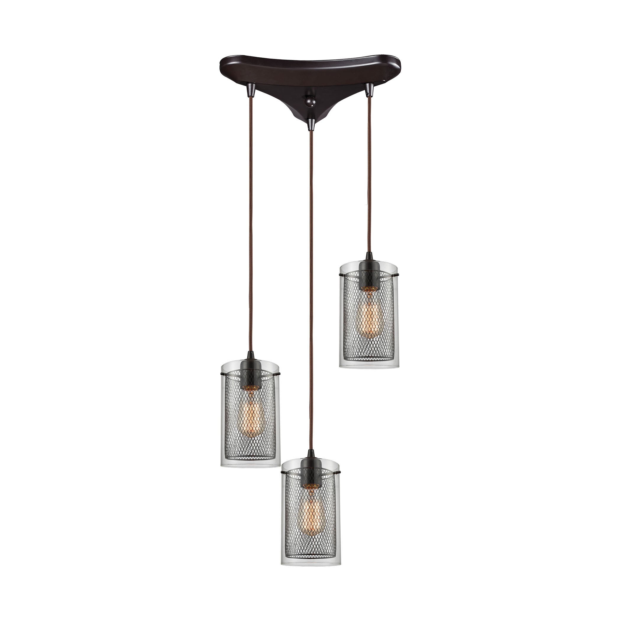ELK Lighting 10448/3 Brant 3-Light Triangular Pendant Fixture in Oiled Bronze with Clear Glass and Metal Fishnet Shade
