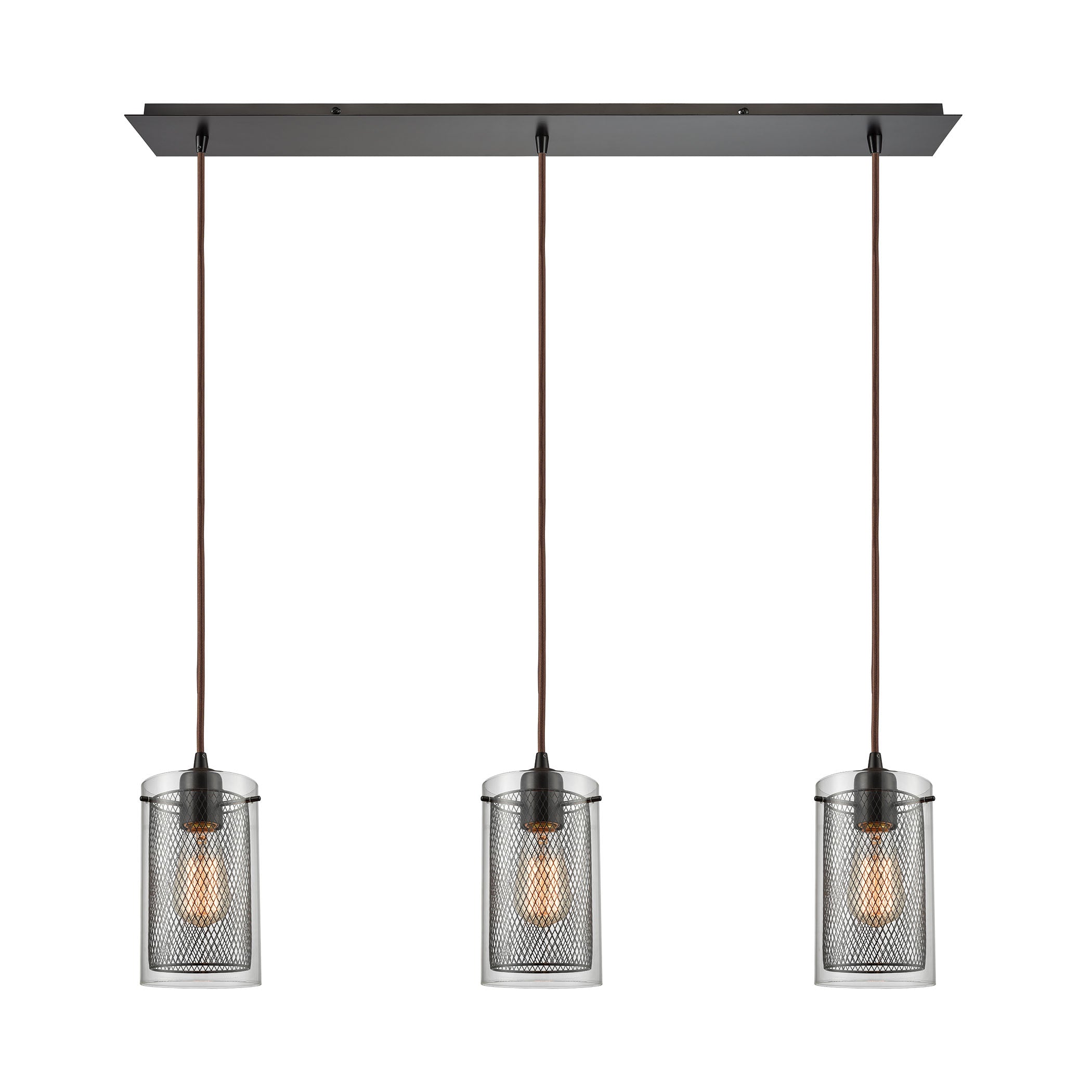 ELK Lighting 10448/3LP Brant 3-Light Linear Mini Pendant Fixture in Oiled Bronze with Clear Glass and Metal Fishnet Shade