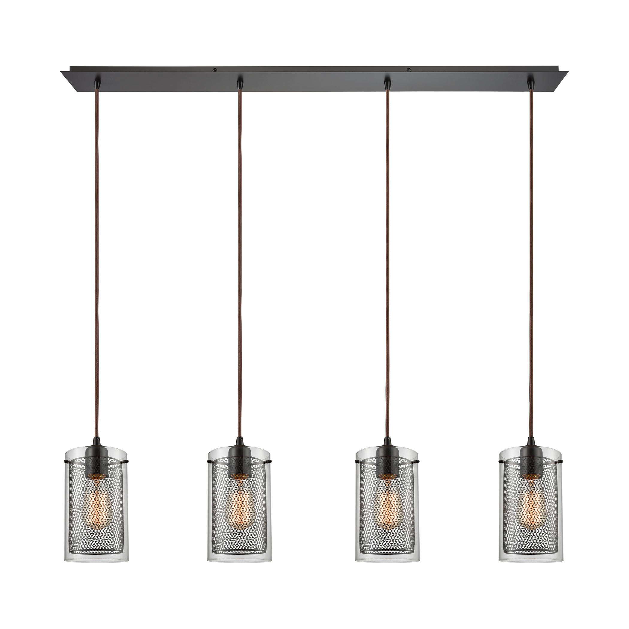 ELK Lighting 10448/4LP Brant 4-Light Linear Pendant Fixture in Oiled Bronze with Clear Glass and Metal Fishnet Shade