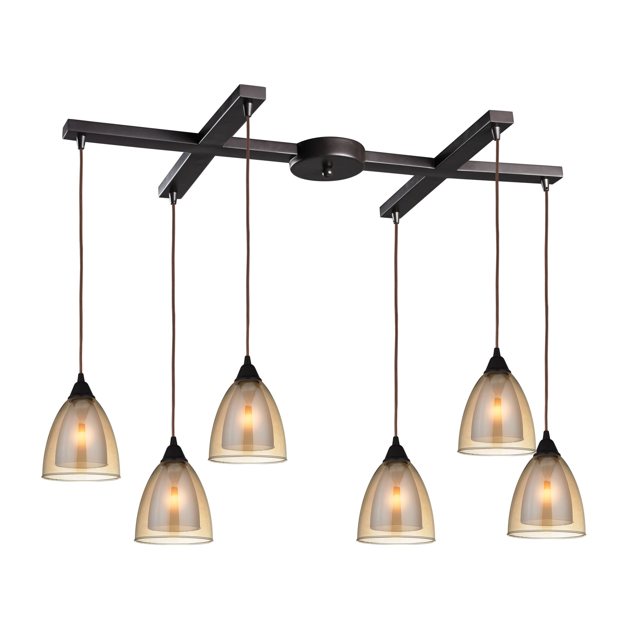 ELK Lighting 10474/6 Layers 6-Light H-Bar Pendant Fixture in Oil Rubbed Bronze with Amber Teak Glass