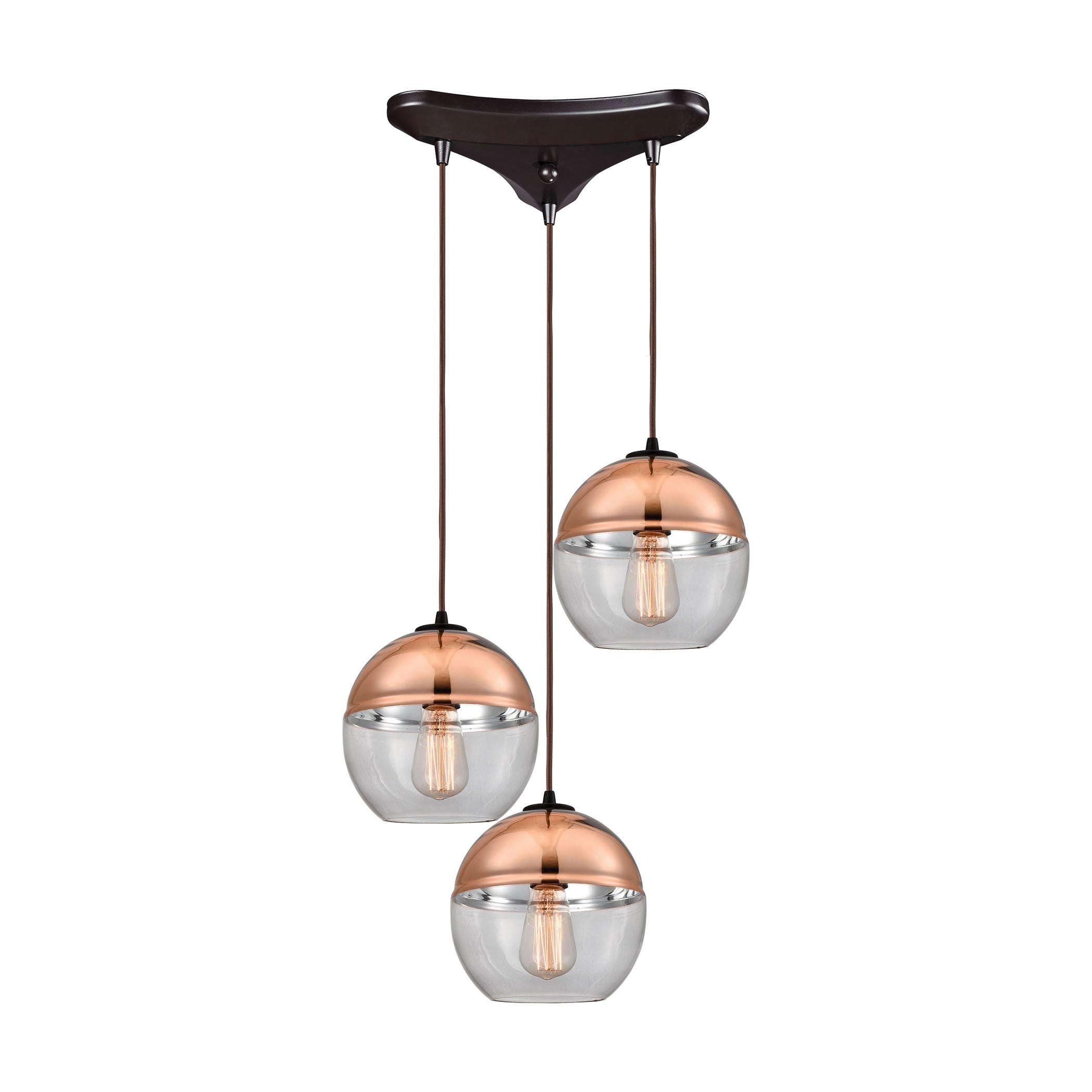 ELK Lighting 10490/3 Revelo 3-Light Triangular Pendant Fixture in Oil Rubbed Bronze with Clear and Copper-plated Glass